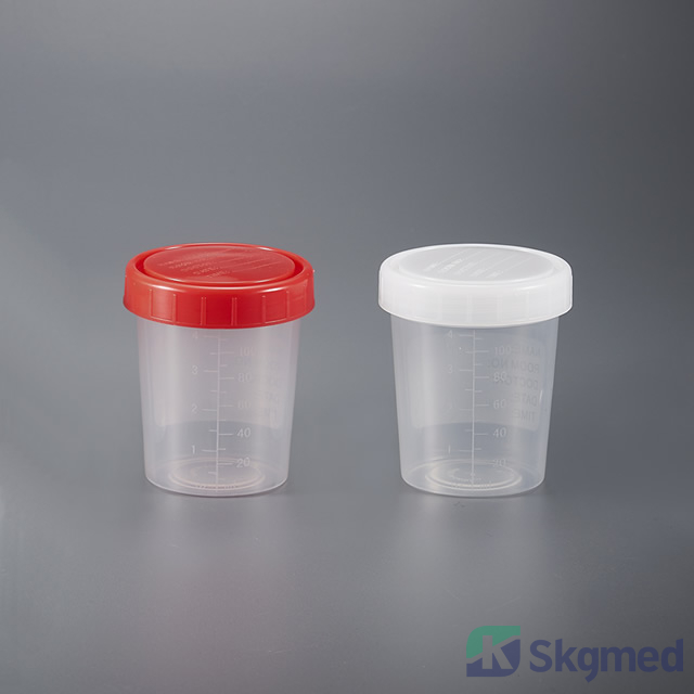 A sterile urine collection container showing volume graduations and a secure screw-cap closure system for laboratory testing workflows.